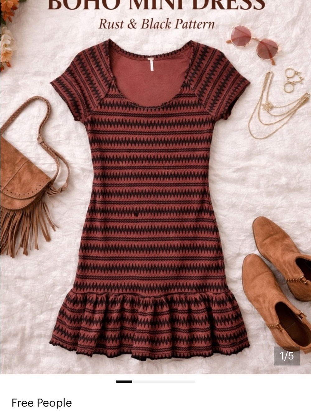 Free People Rust and Black Patterned Scoop-Neck Mini Dress size M